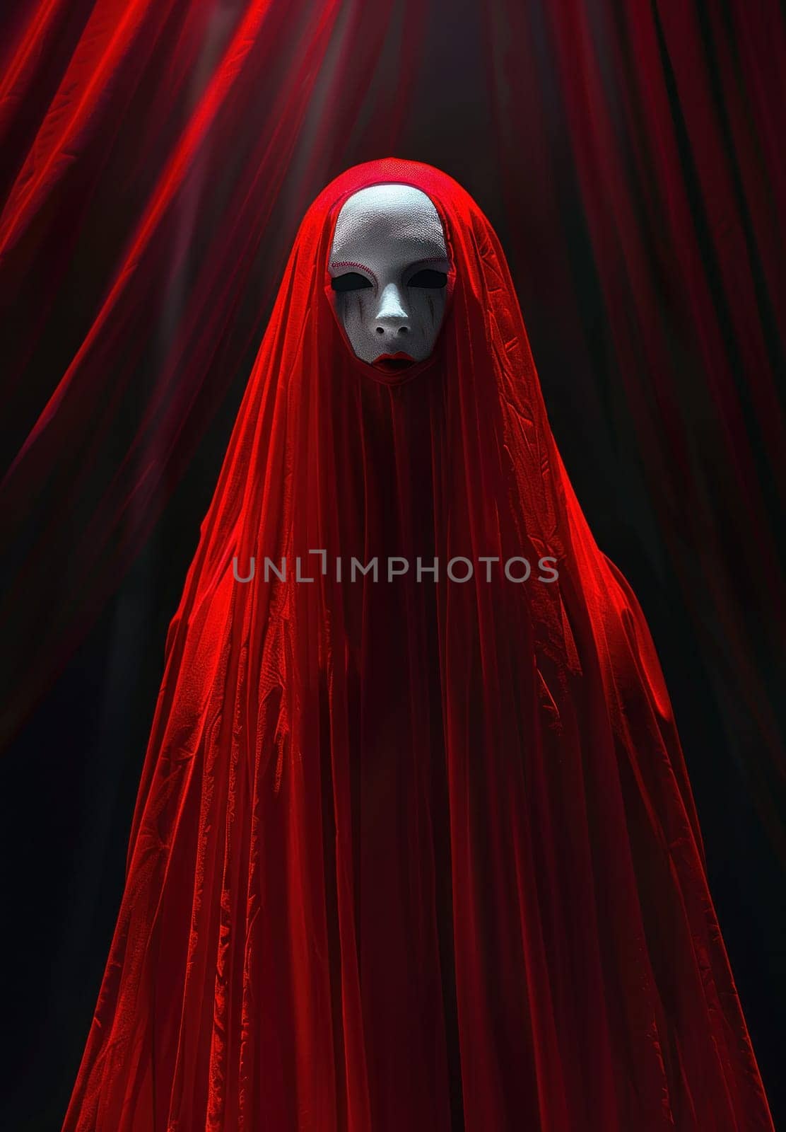 Mysterious woman in red dress with mask standing in front of red curtain, symbolizing beauty and elegance