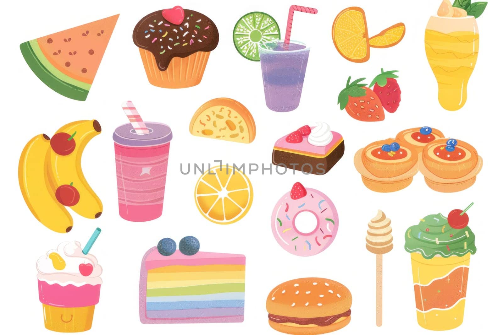 Various types of food and drinks displayed on a white background including cake, donut, coffee, and fruit slice