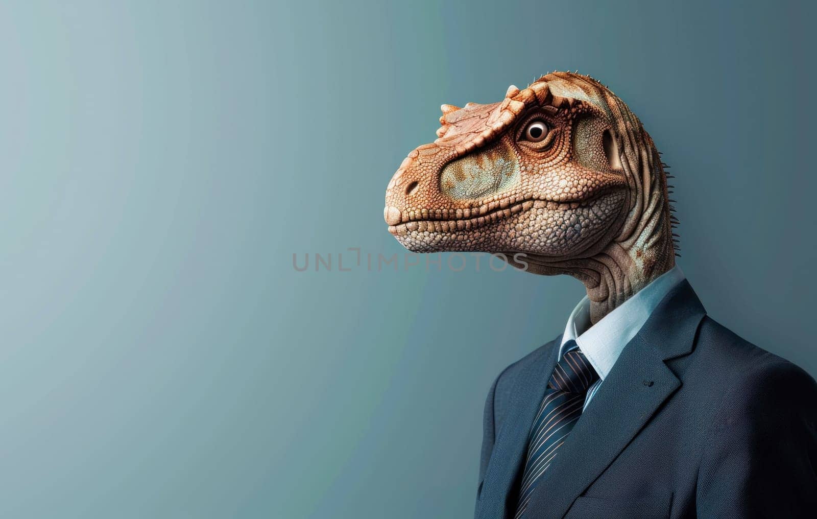 Elegant tyrannosaurus rex in formal attire on gray background for business and fashion concept