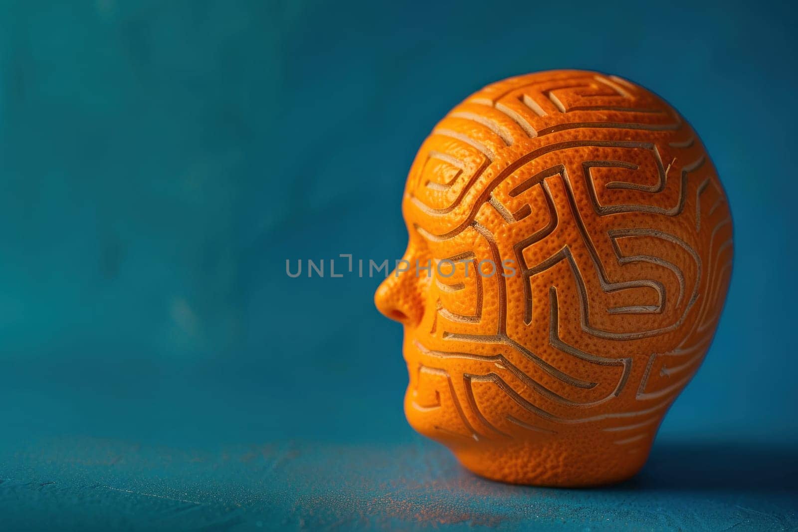 Exploring the maze intriguing orange head sculpture on vibrant blue background in art gallery