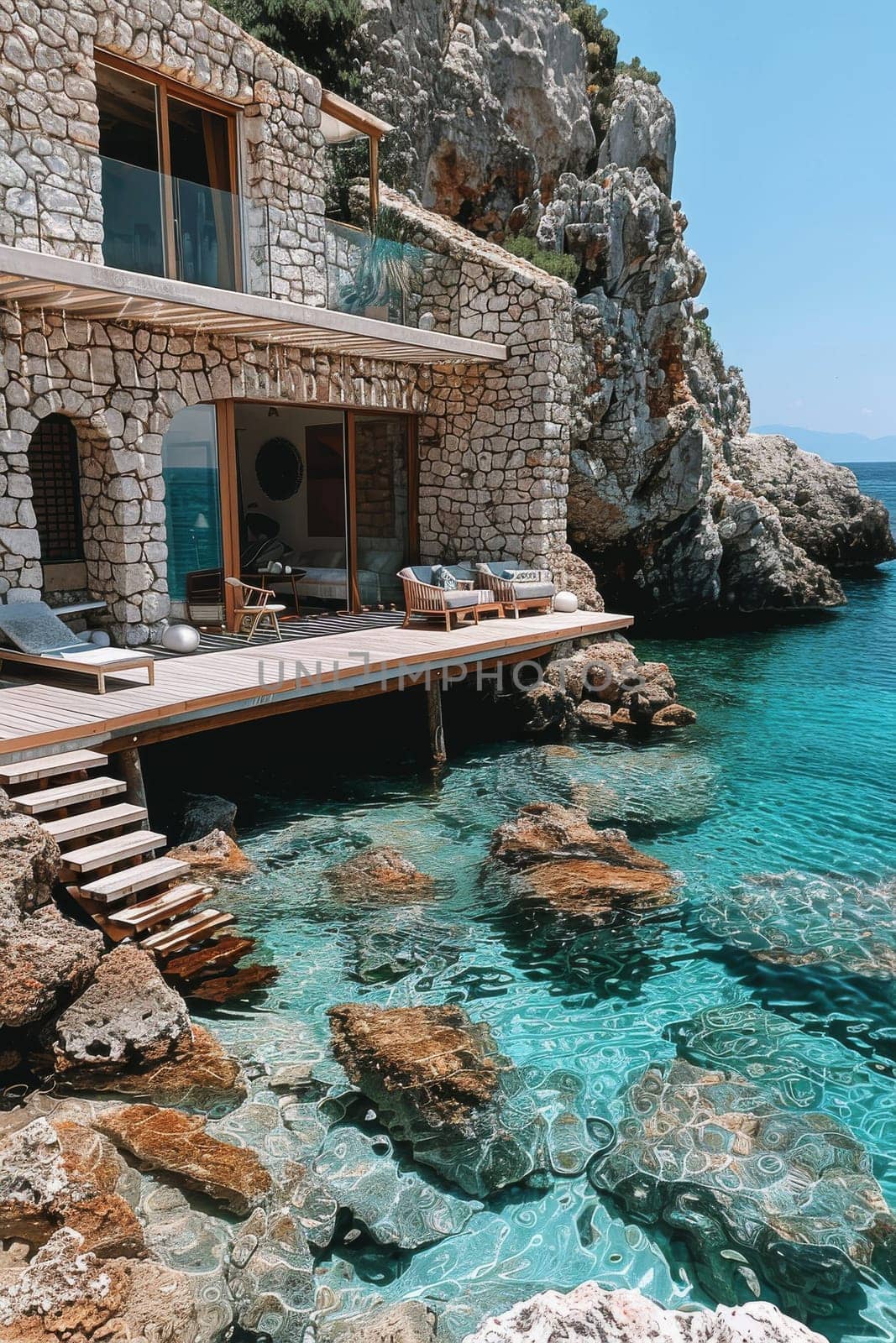 A beautiful beach house with a pool and a large body of water in the background. The water is crystal clear and the rocks surrounding the pool add to the serene atmosphere