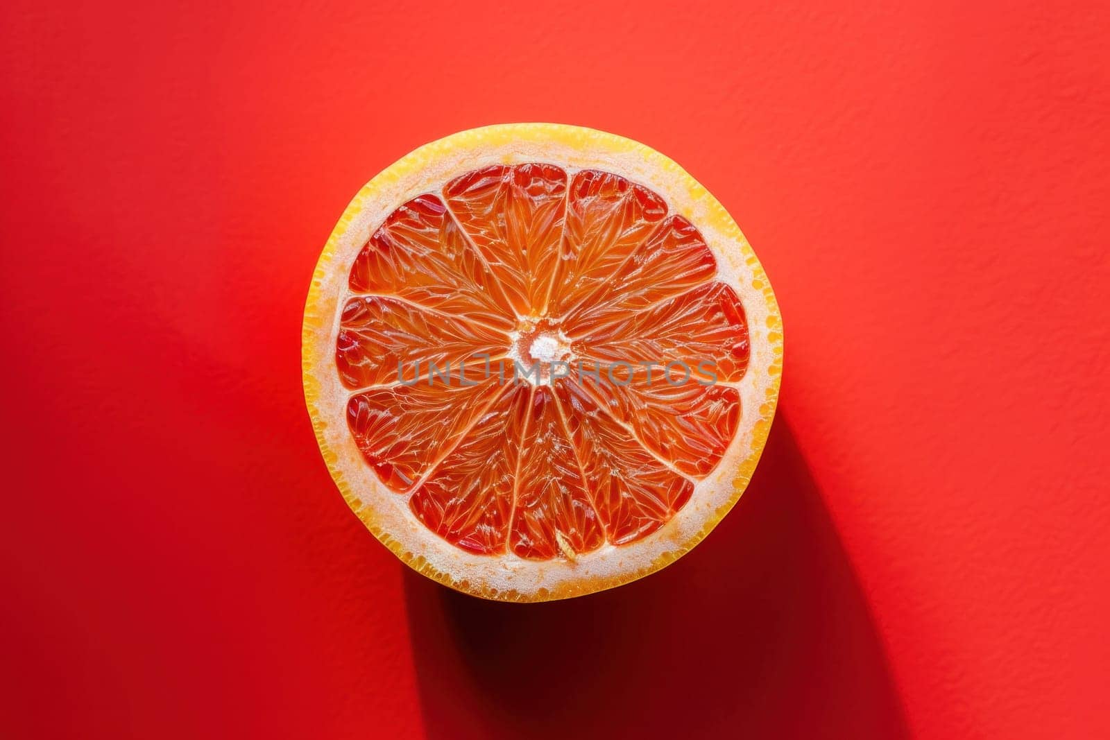 Orange halves on vibrant red background with space for text, fresh and juicy fruit concept