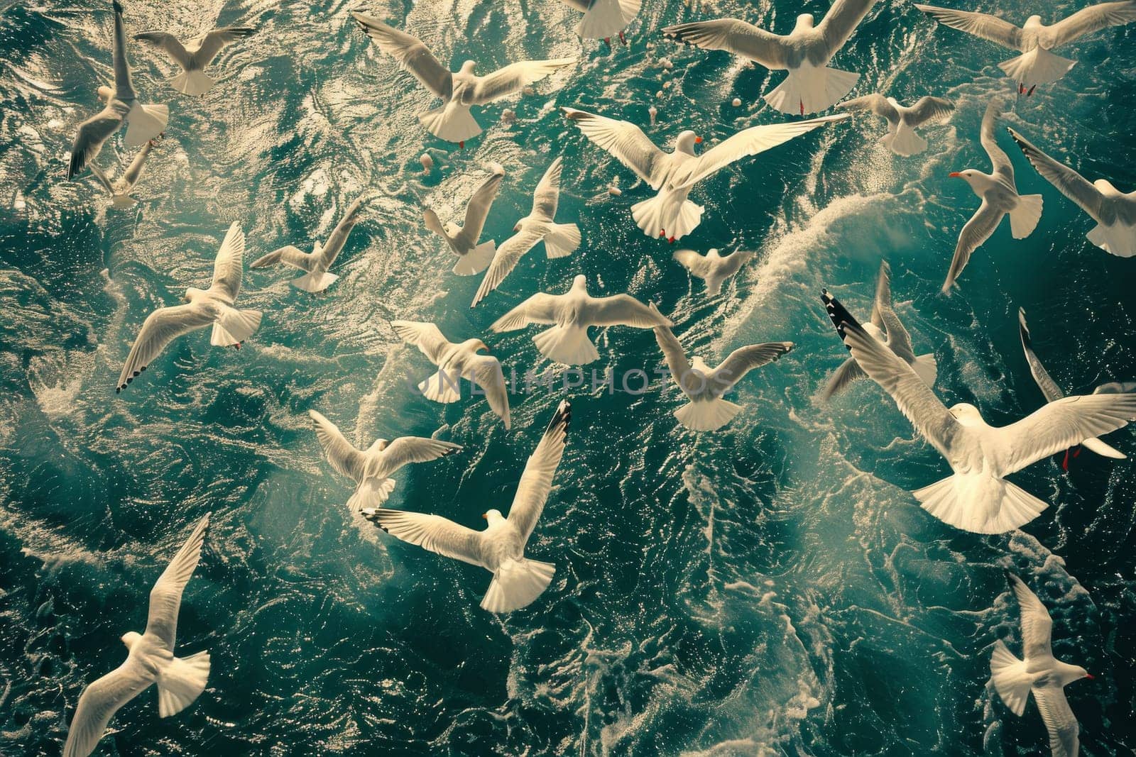 A flock of seagulls flying over the ocean. The birds are white and the water is blue