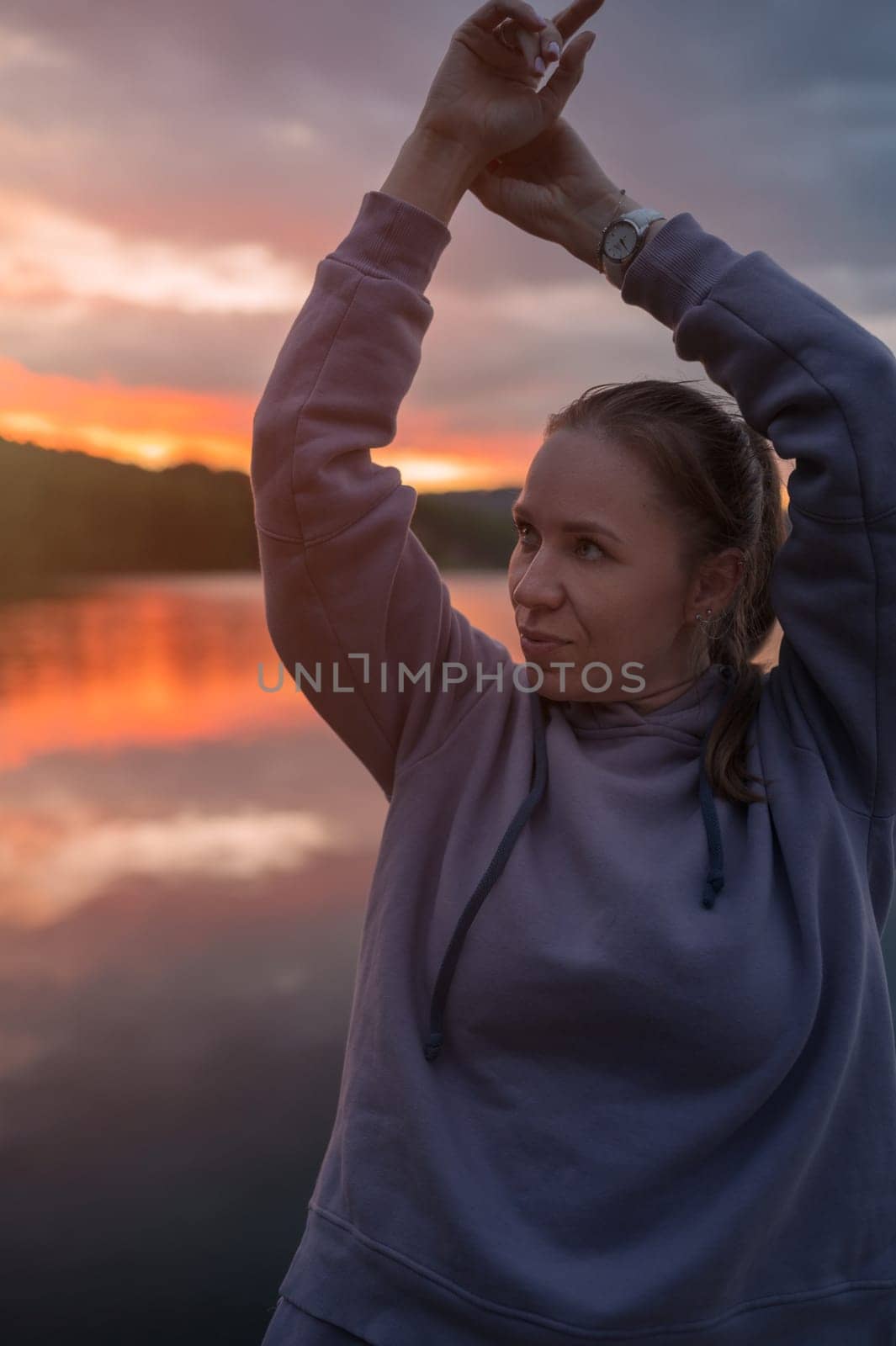 Woman on the pier, closeup portrait, beauty summer sunset