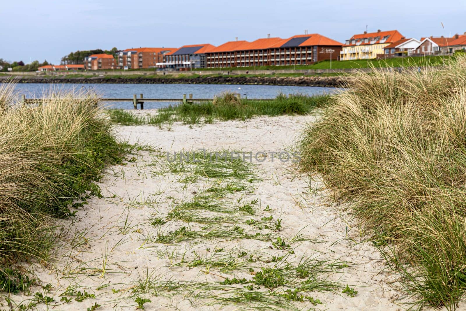 Beautiful natural beach with sand and grass in the town of Ronne on the Bornholm Island, Denmark.