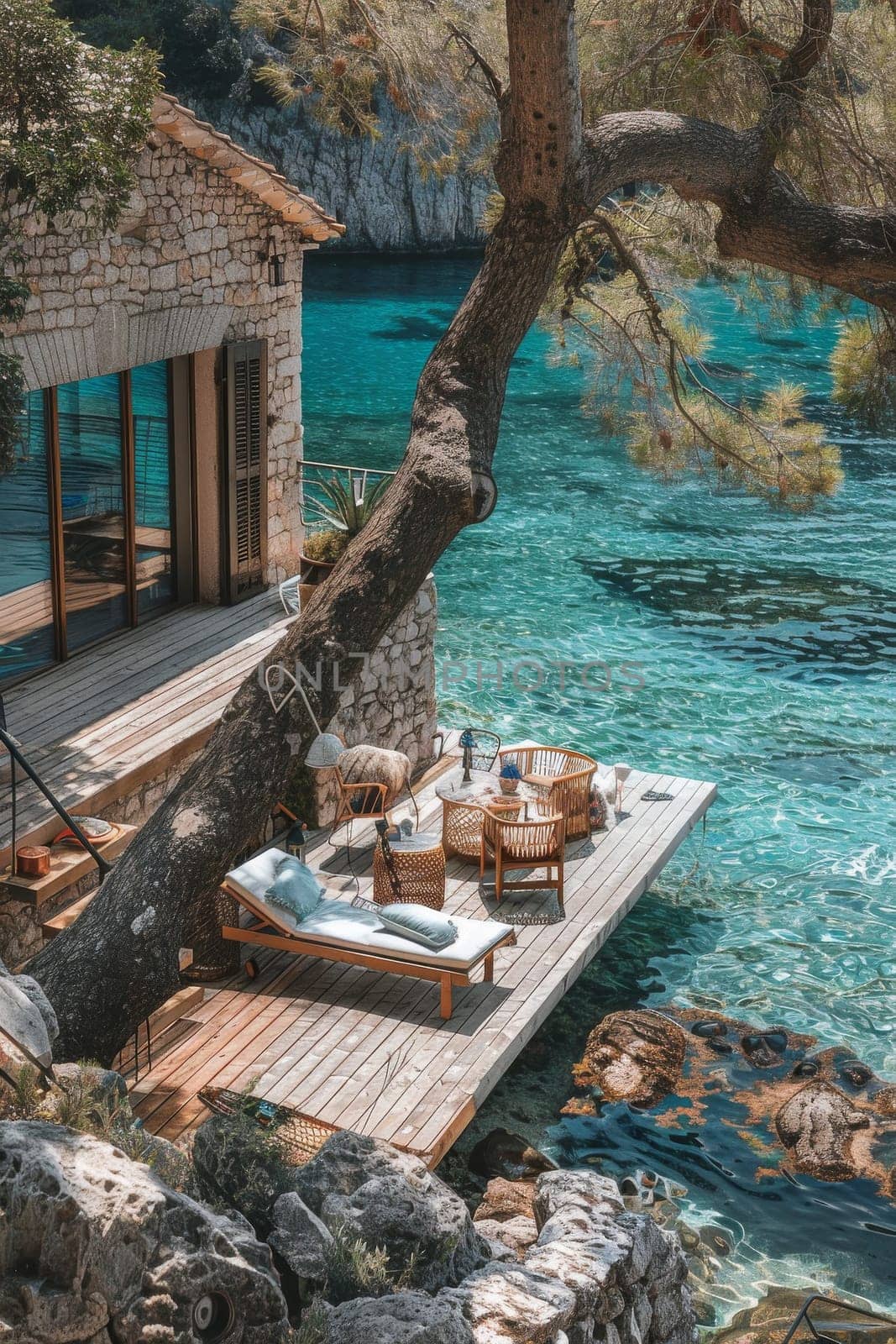 A beautiful beach house with a pool and a large body of water in the background. The water is crystal clear and the rocks surrounding the pool add to the serene atmosphere