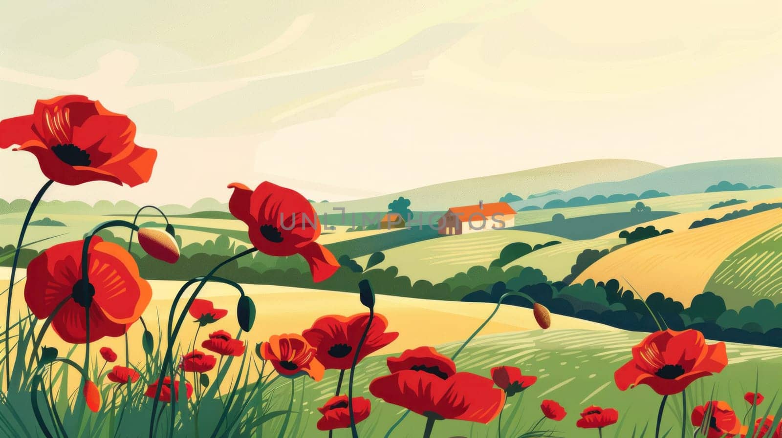 Vibrant painting of red poppies in a lush field with a charming country house in the background