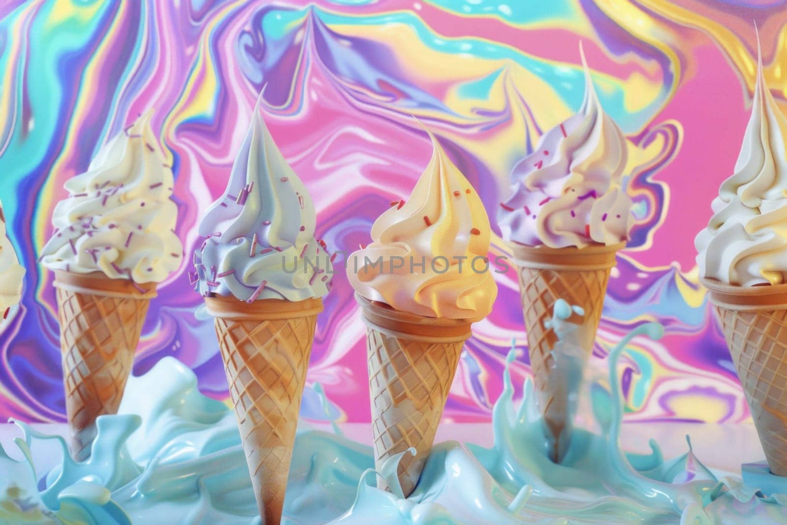 Colorful ice cream cones against rainbow swirl background for summer party celebration concept
