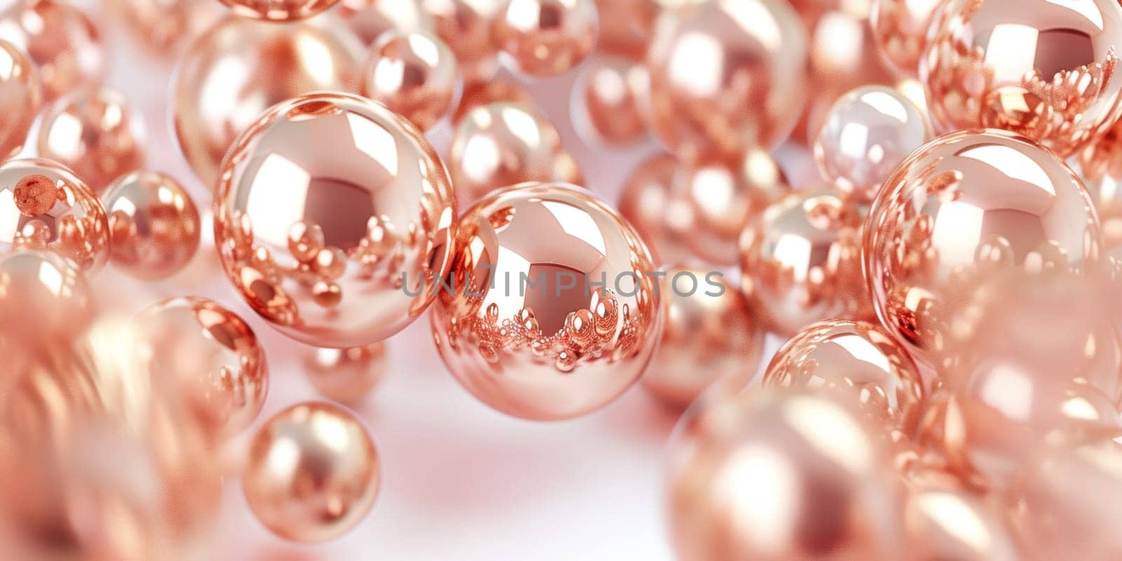 Shiny copper balls arranged on white surface with many balls in the air for art and design concept