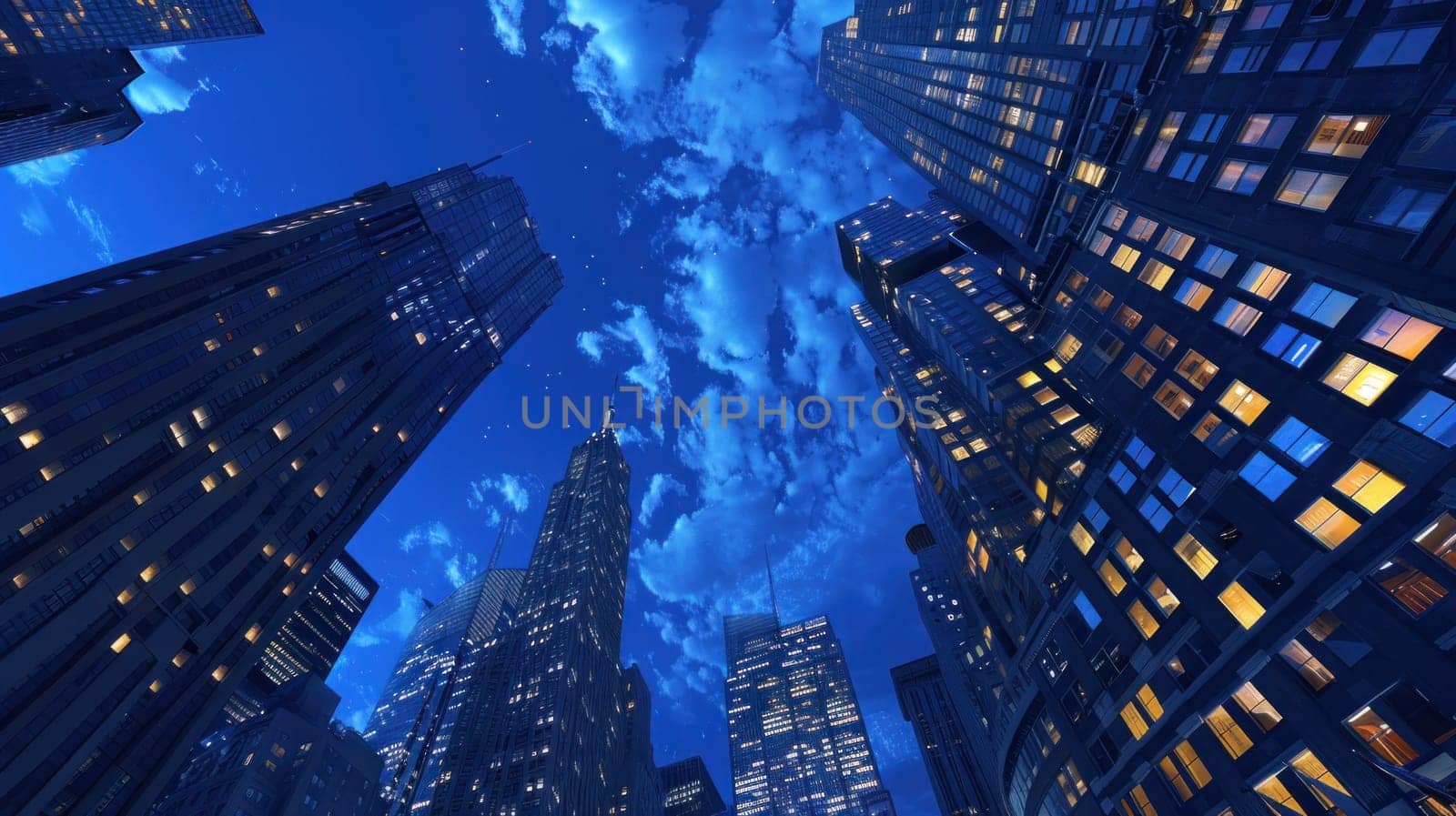 Night skyline of tall city buildings with clouds in background urban travel and business lights view at night