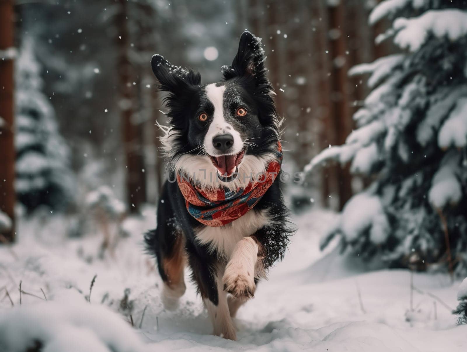 Cheerful Border Collie Dog In A Scarf Joyfully Runs Through The Snow In The Forest