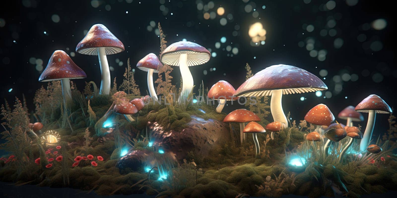 Magical Illustration Of Illuminated Mushrooms In Fairly World