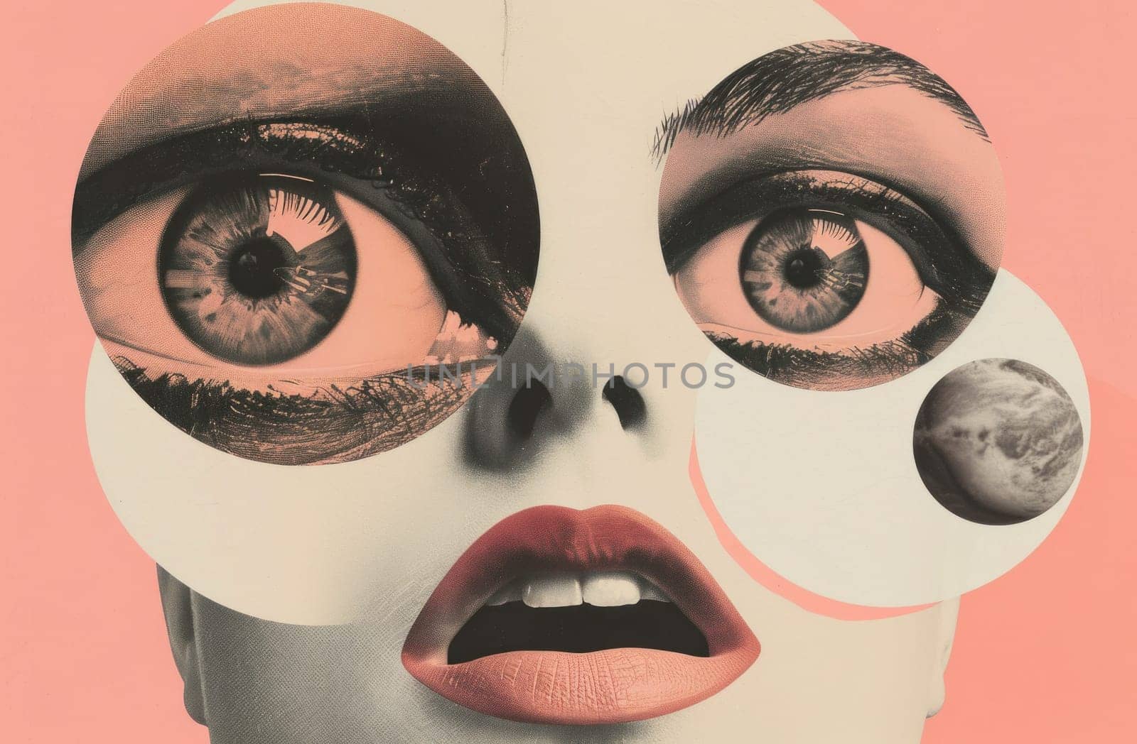 Abstract travel beauty woman's face collage with eyes and planet in the middle, conceptual art design for wellness retreats