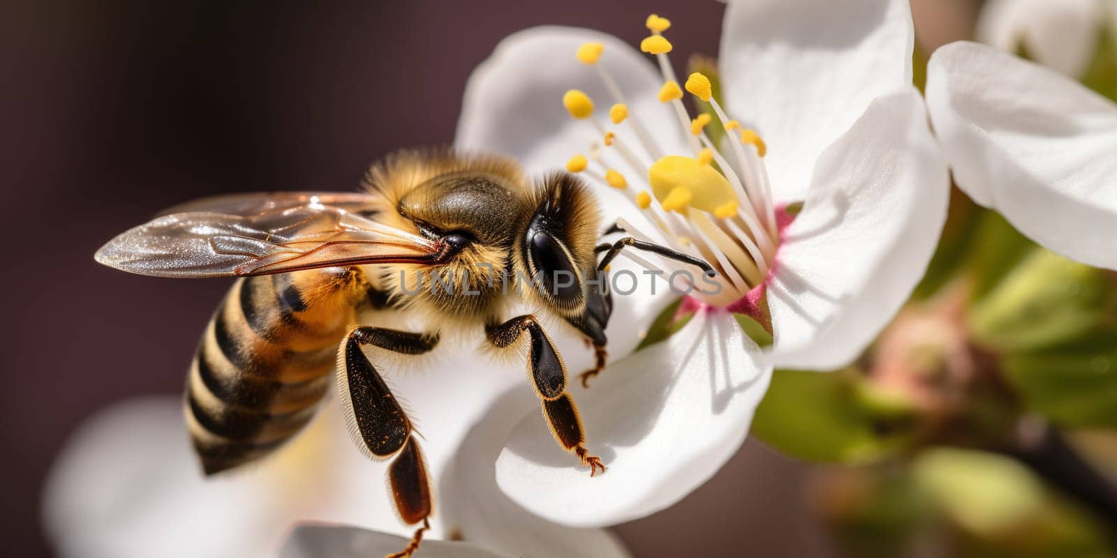 Close-up macro of a bee collecting pollen on a white flower with blurred background