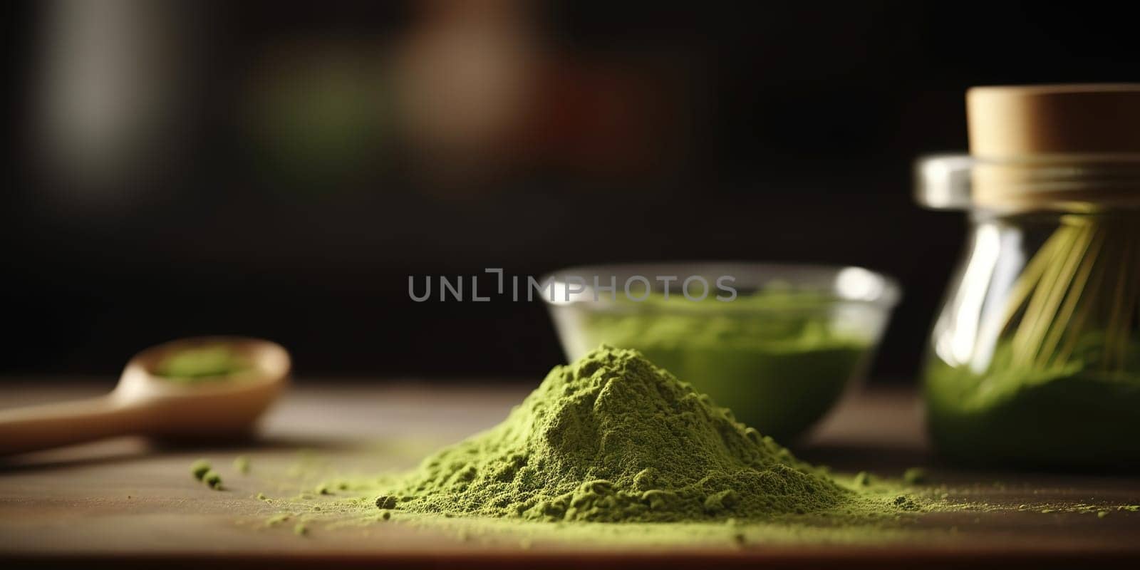 Matcha green tea powder hill on a blurred kitchen background, generative AI