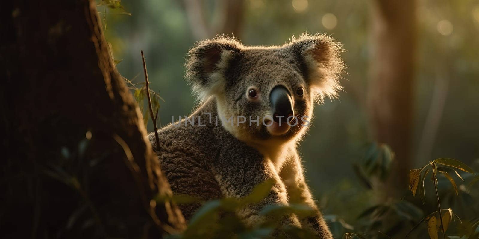 Cute Koala In The Jungle Forest In The Evening At Sunset