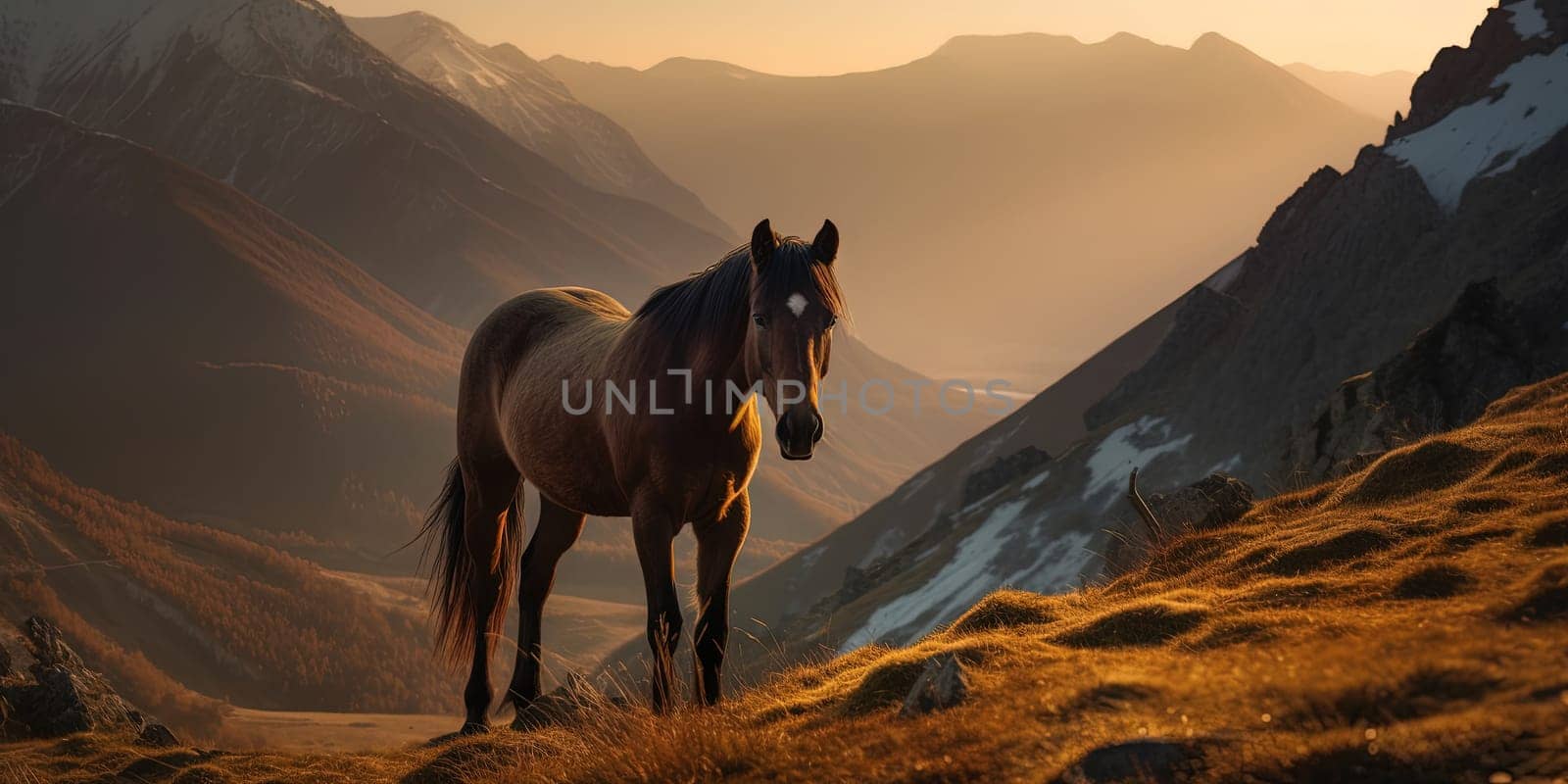 Beautiful Domestic Horse In A Valley Against Amazing Mountain Landscape View At Sunset