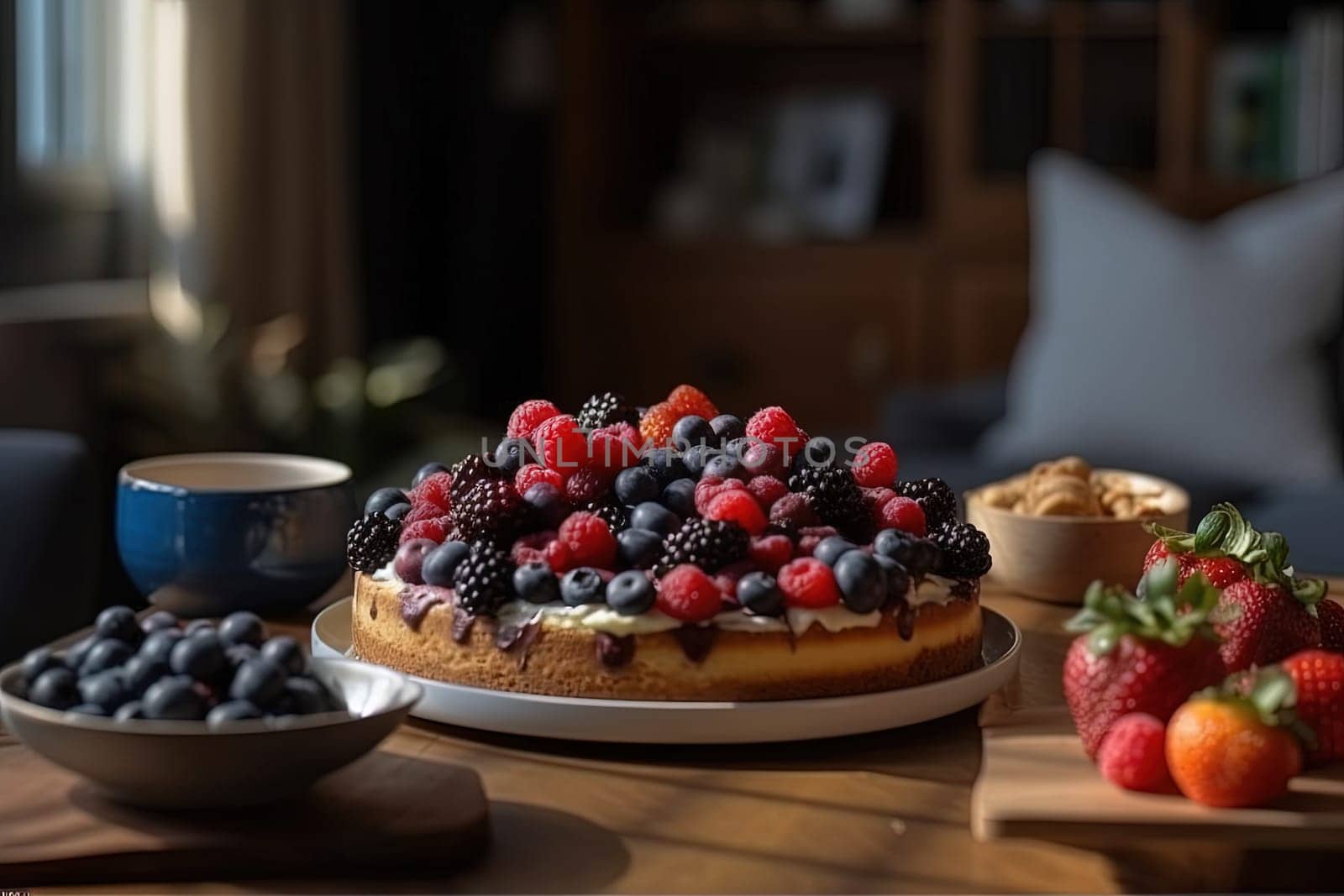 Fruit cake with strawberries, blueberries,raspberries on a plate on a blurred background