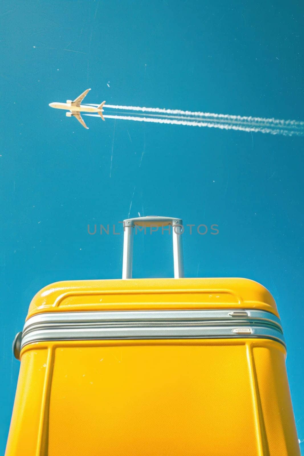 Vibrant travel concept with a yellow suitcase and airplane flying in the blue sky above