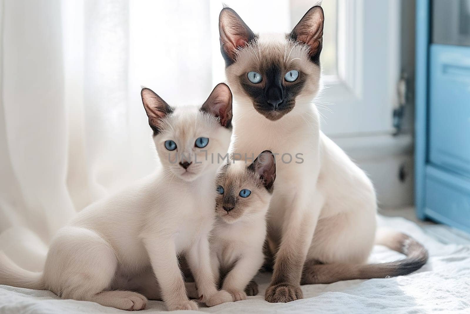 Siamese Mom Cat With Kittens On A Bed At Home