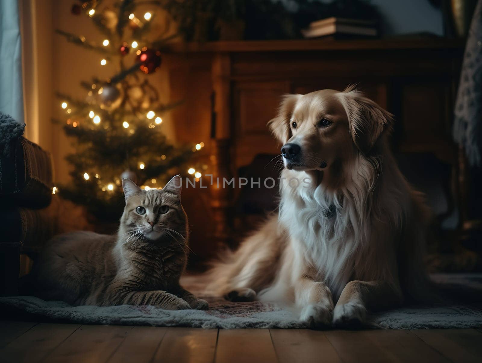 Dog And Cat Sit Near Decorated Christmas Tree