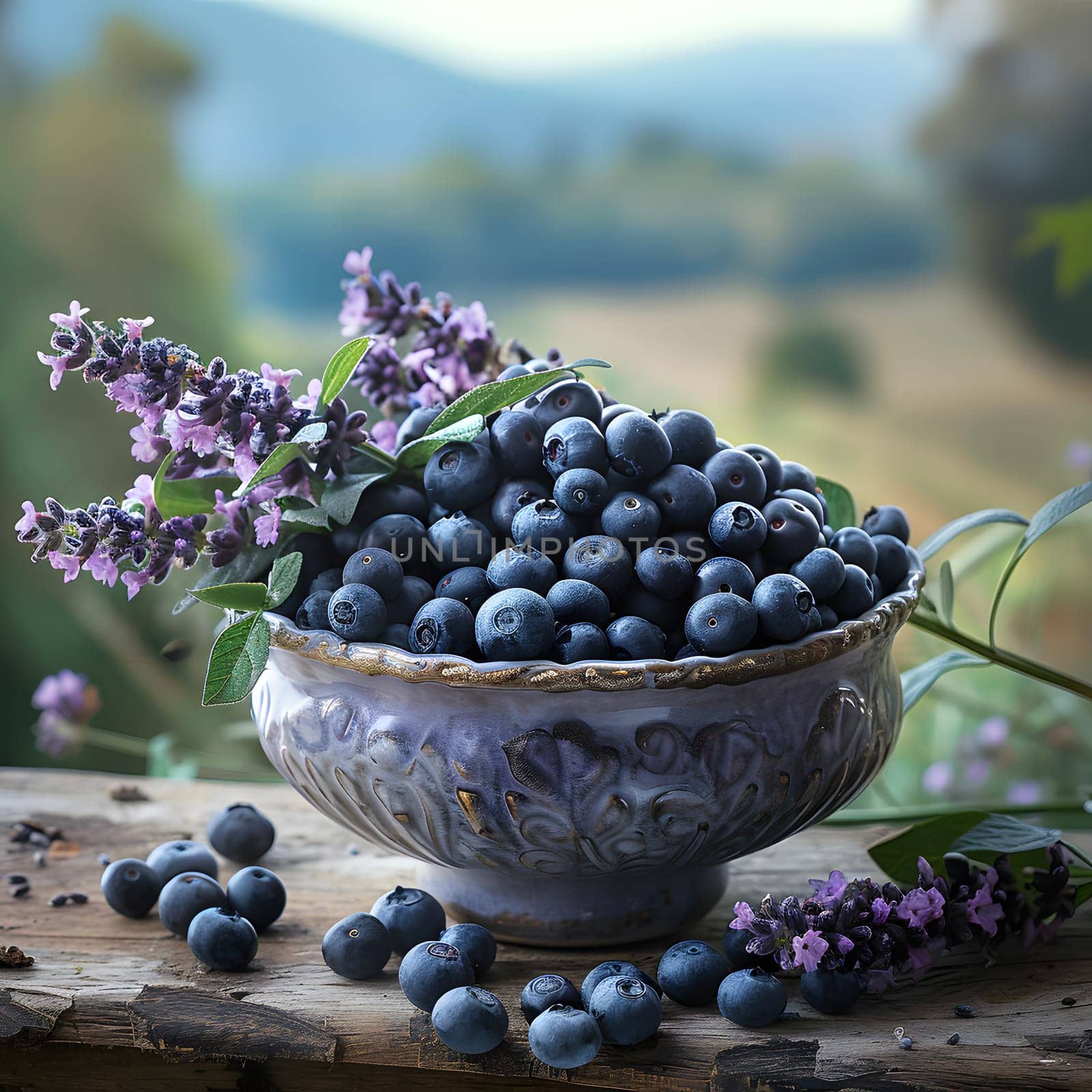 A dish of fresh blueberries, accompanied by elegant purple flowers, sits on a table. This delicious and colorful fruit pairs beautifully with the natural decor