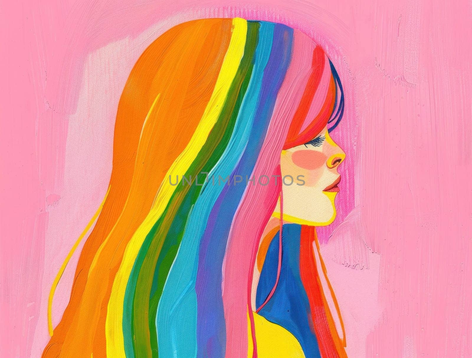 Rainbow hair beauty a vibrant portrait of a woman with long hair and a colorful streak