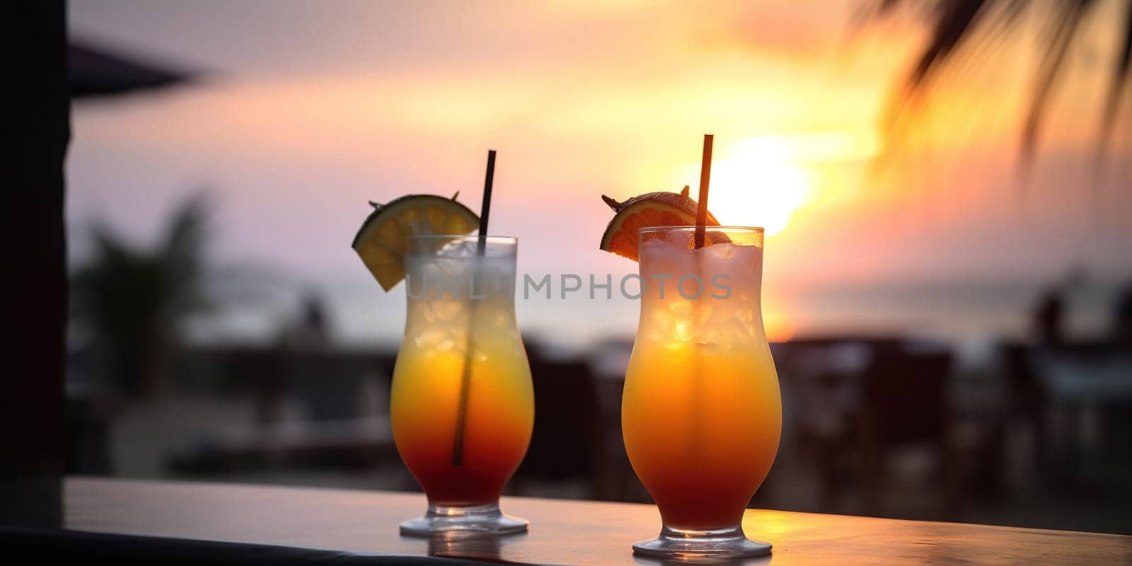 Close-up shot of a pair of tropical cocktails with a sunset in blurred the background