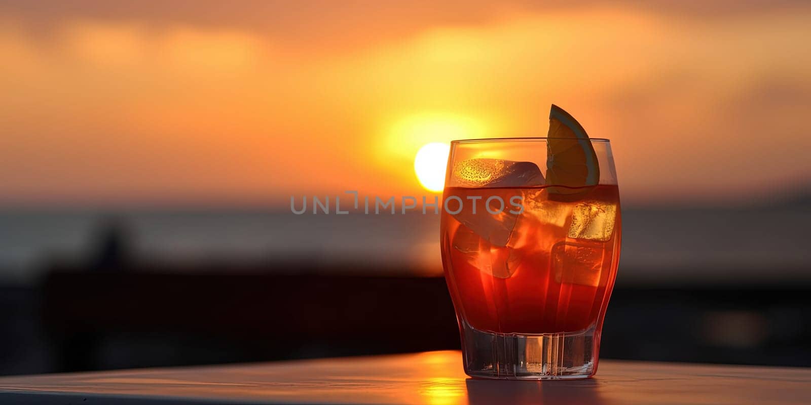 Close-up shot of a tropical cocktail with a sunset in blurred the background