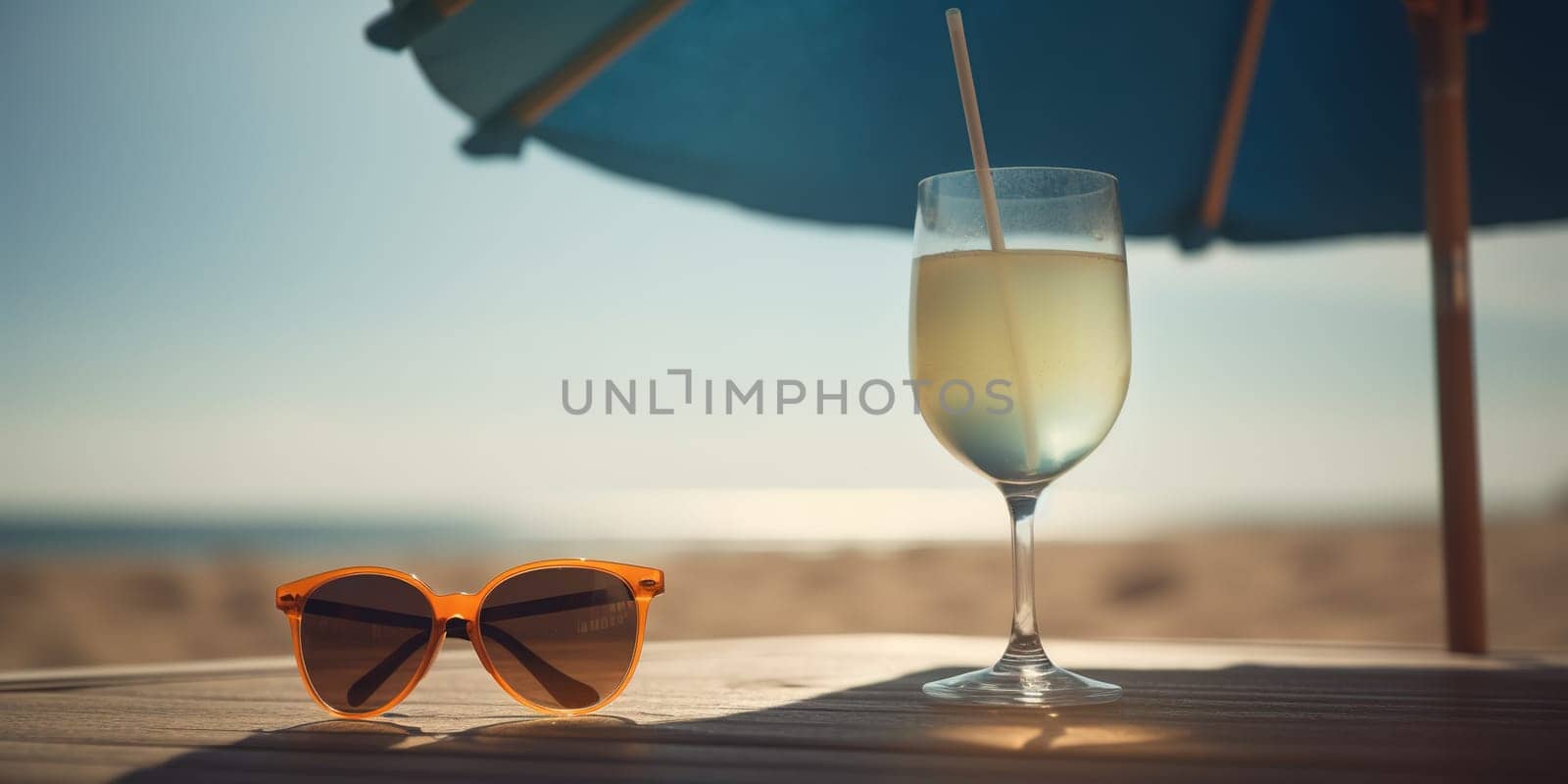 Close-up shot of a tropical coctail and sunglasess with a beach in blurred the background