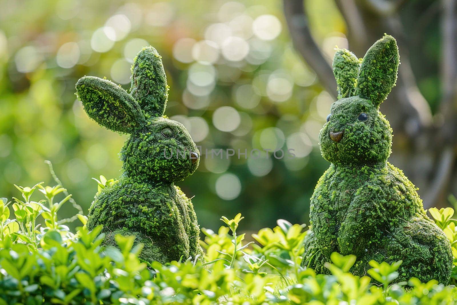 Topiary bunnies enjoying a peaceful moment in lush green grassy garden