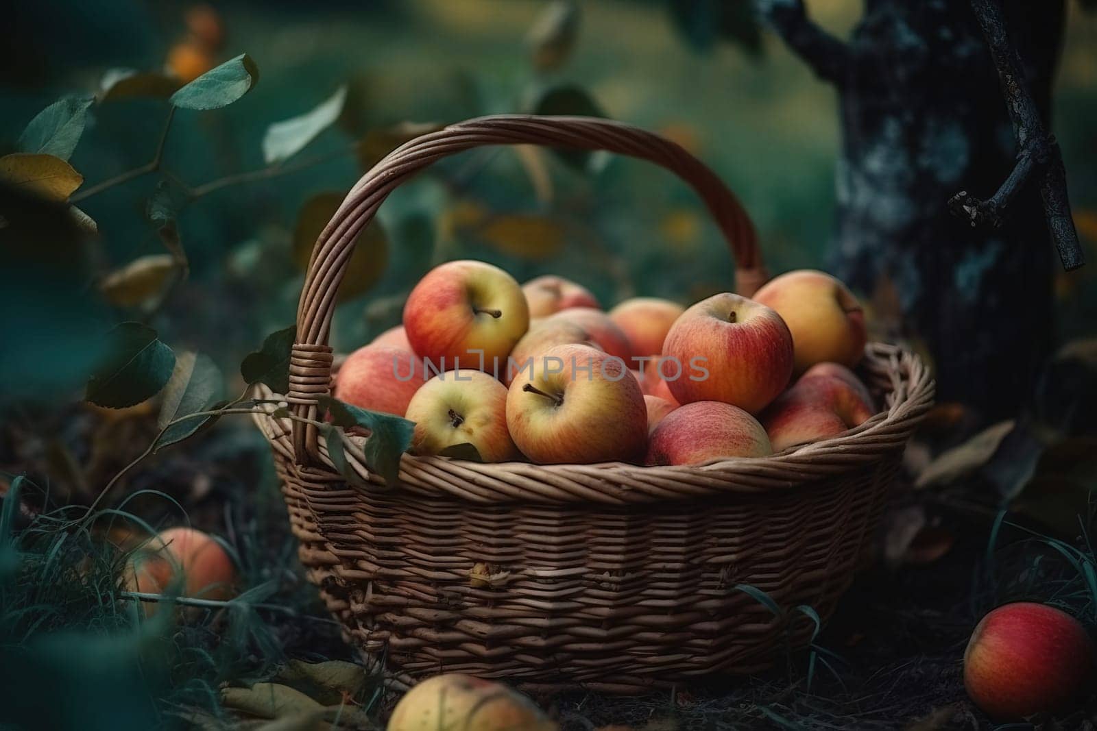 Close-up view of a basket of apples under a tree in the forest