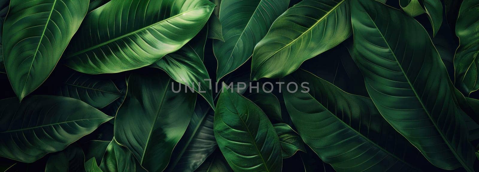 Green leaves on dark background with central spot nature's beauty in close up view