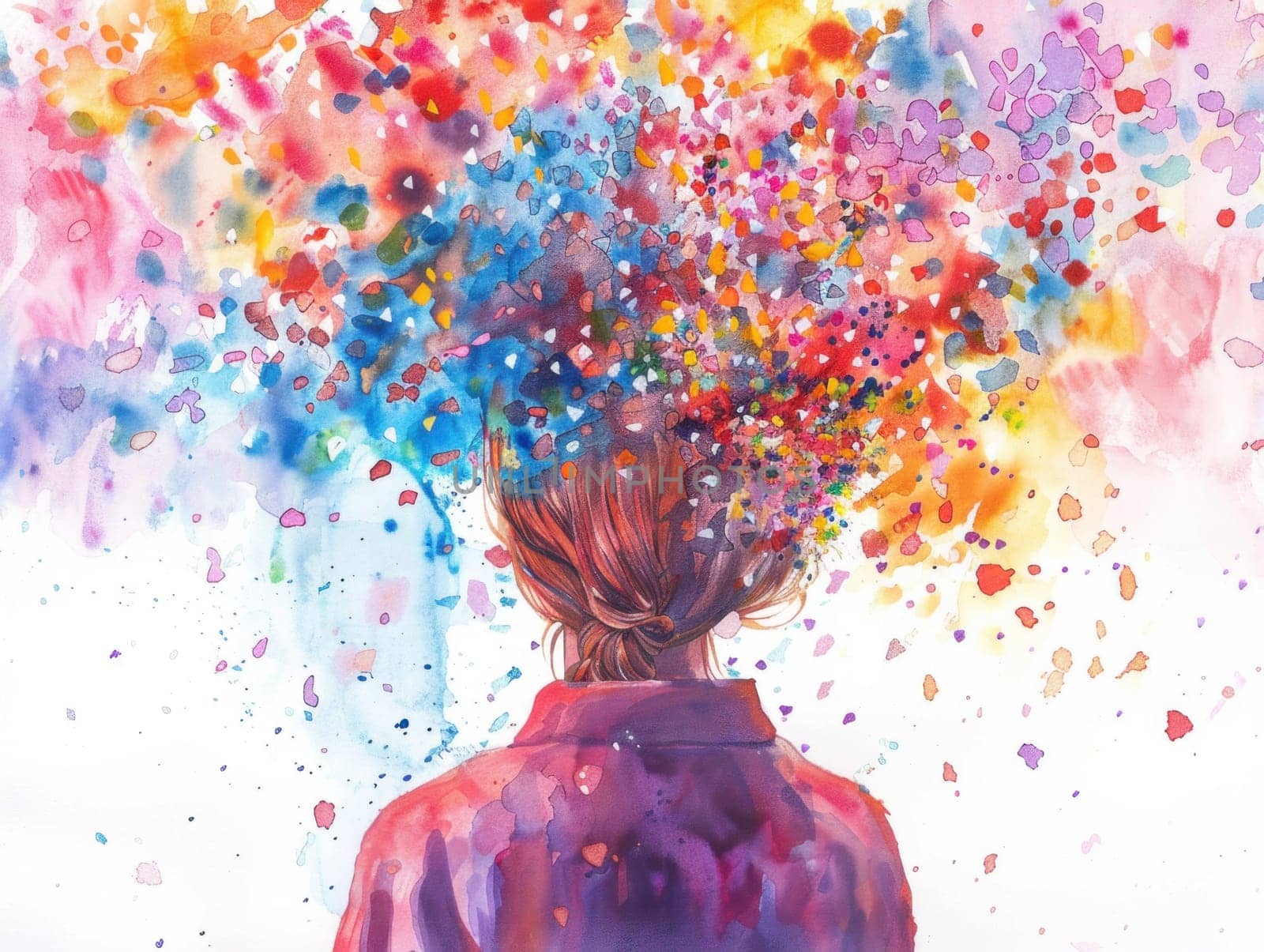 Colorful celebration woman's mind exploding with confetti and hair transformed into a rainbow art installation symbolizing joy and creativity