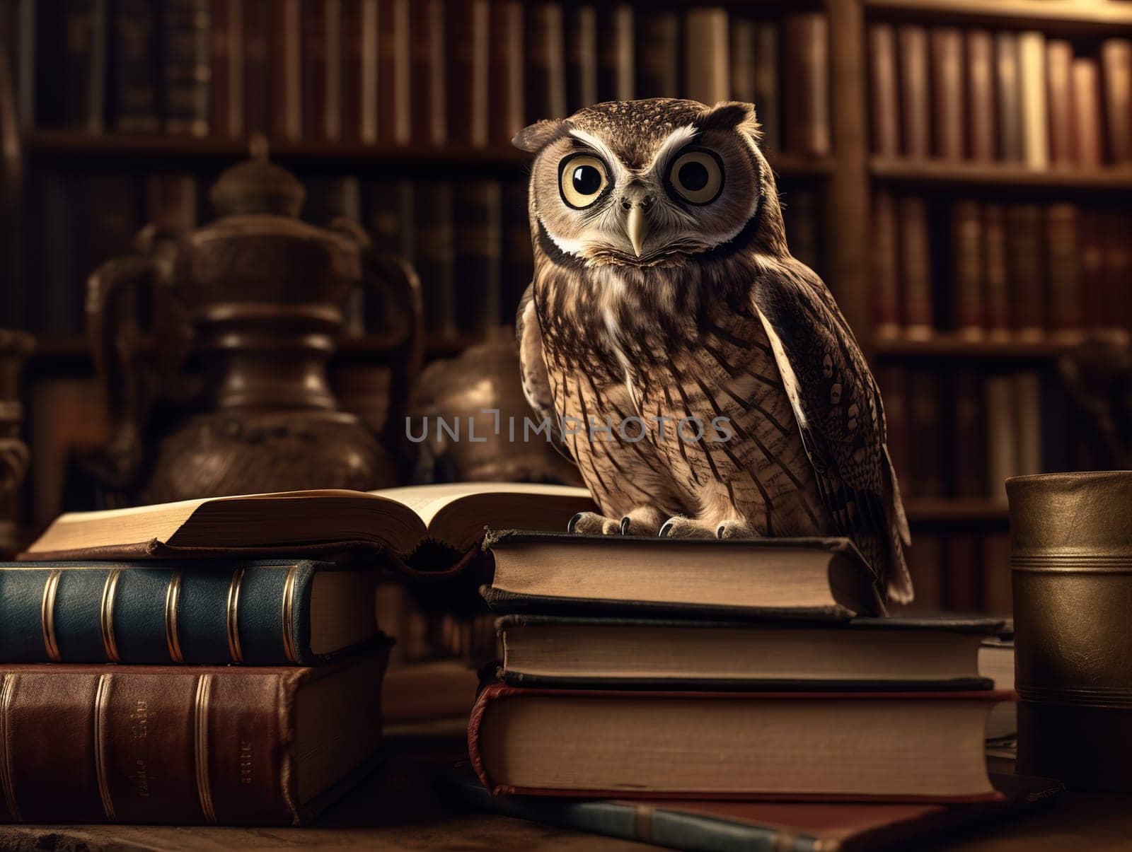 Intelligent Owl In A Library Surrounded By Books