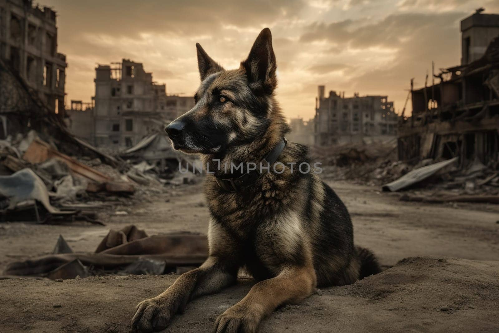 Solitary Dog In A Ruined Deserted City After An Apocalypse