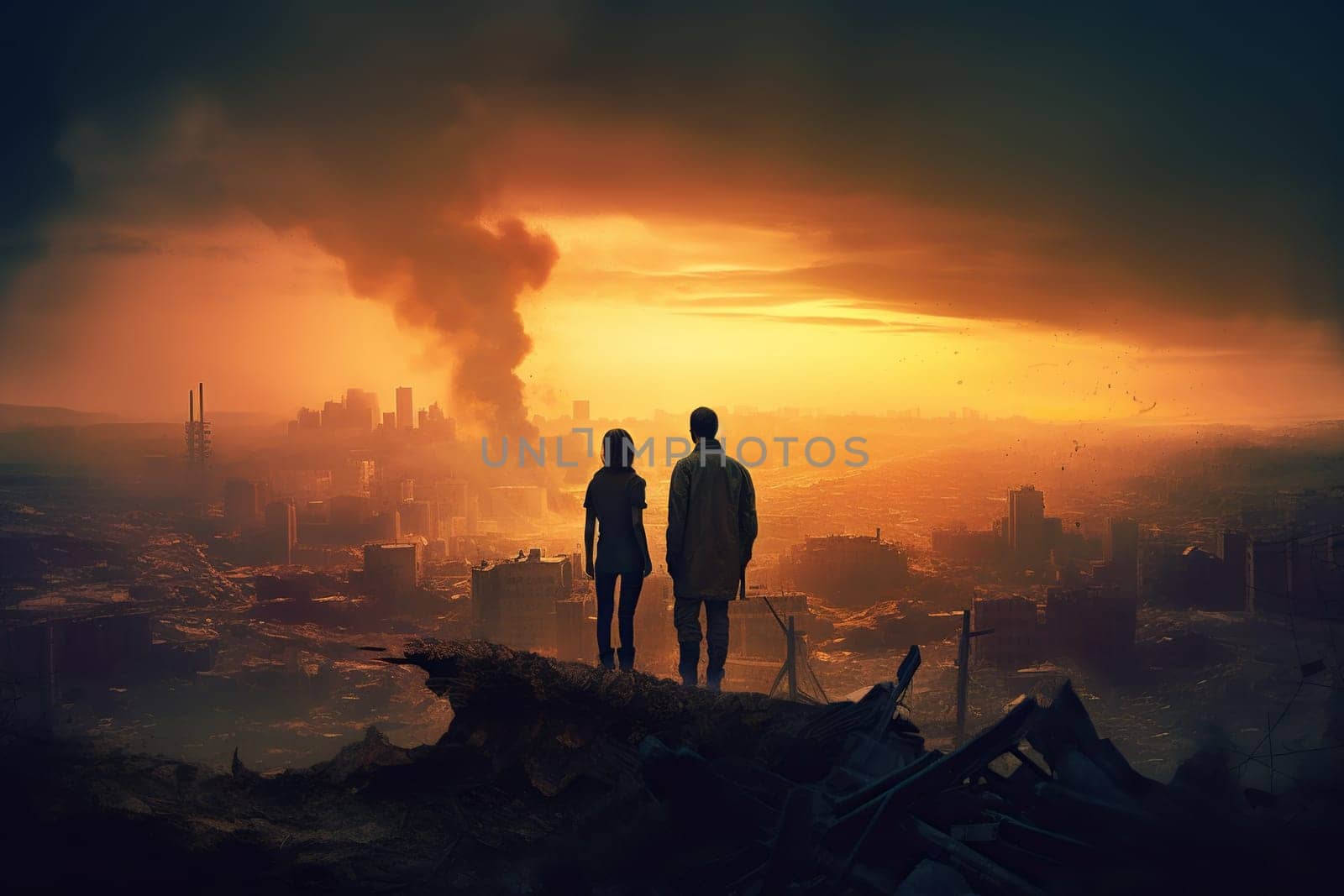 Silhouettes Of An Adult Male And Child Against A Burning City Ruined By An Explosion