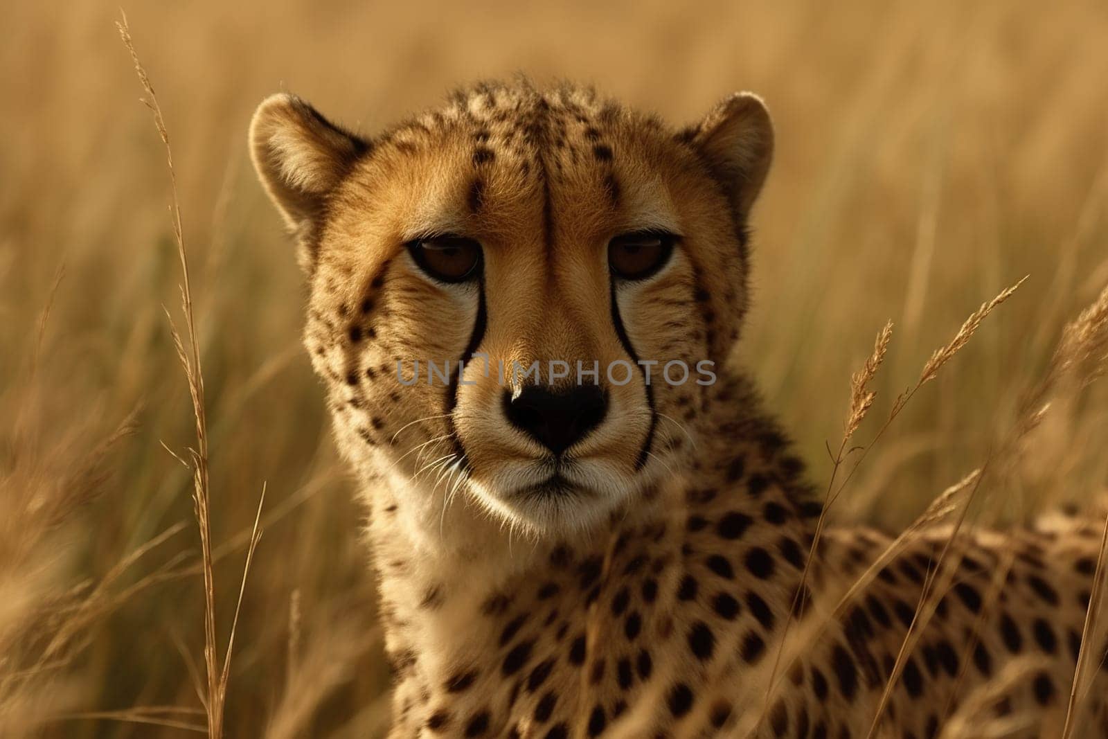 cheetah rests in tall grass after a long hunt
