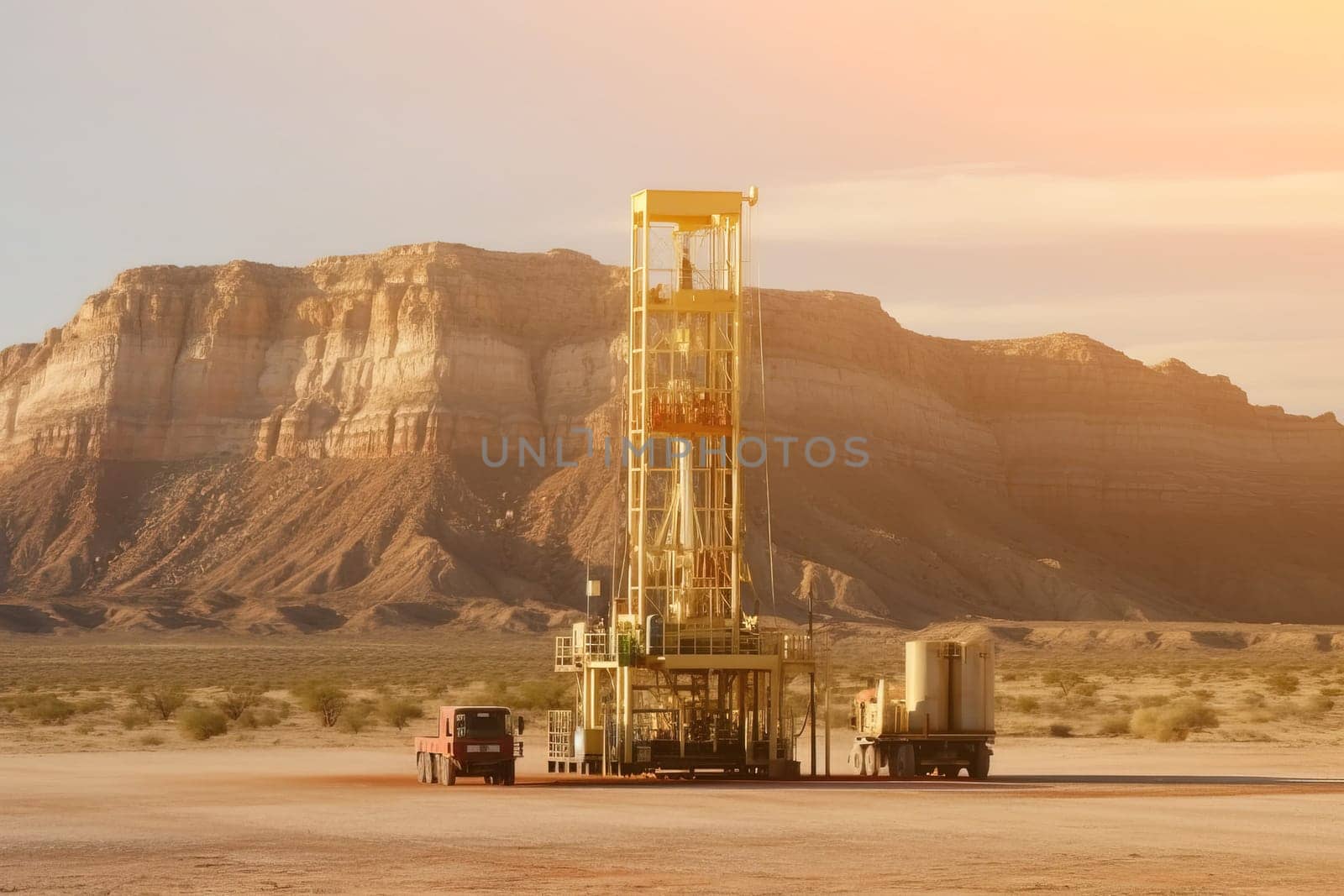 Oil rig in the desert with hills in the background