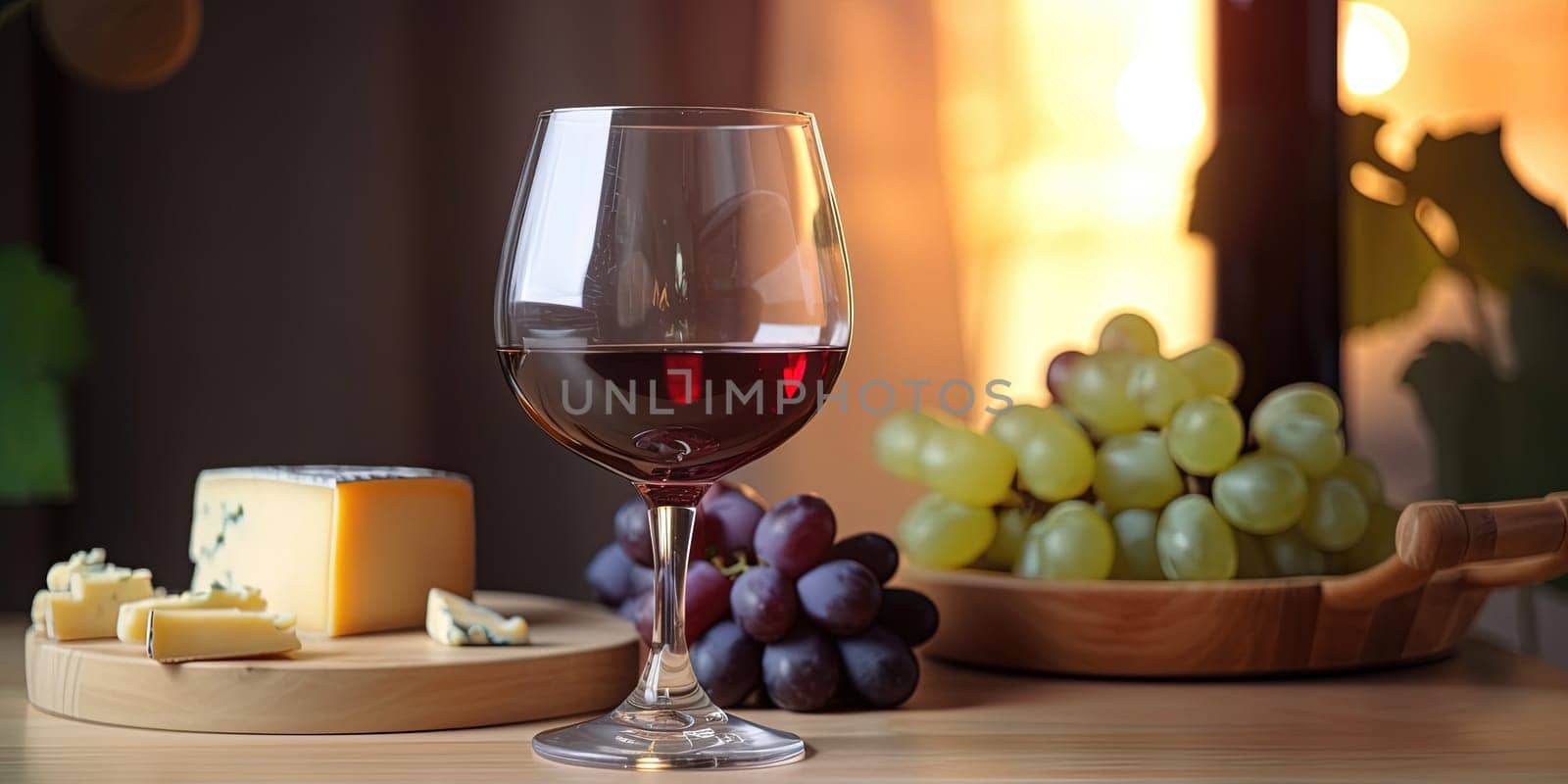 Cheese cubes, grapes and a glass of wine on a cutting board in the kitchen