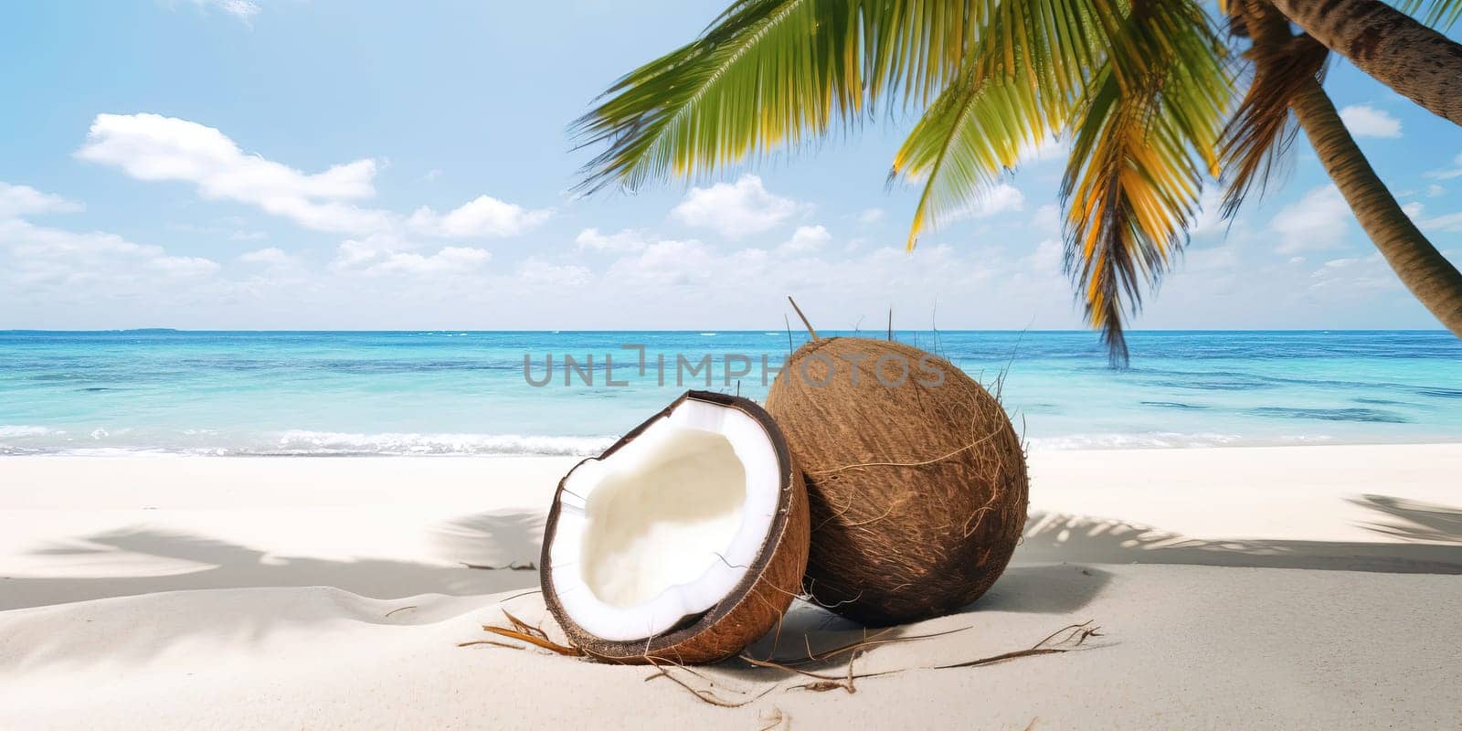 Coconut lying on the beach under a palm tree with the ocean in the background