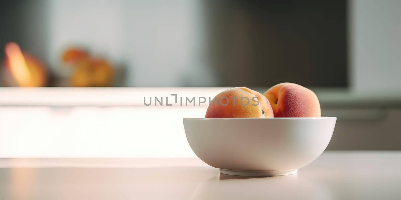 Peaches in a bowl on the table against the background of the kitchen