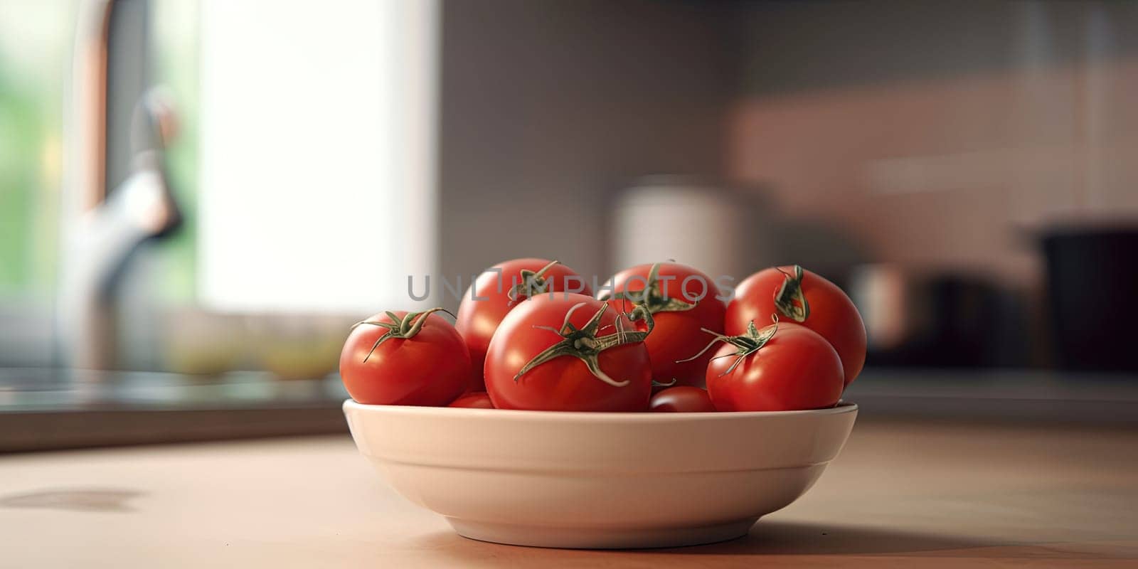 Tomatoes in a bowl on the kitchen table on a blurred background