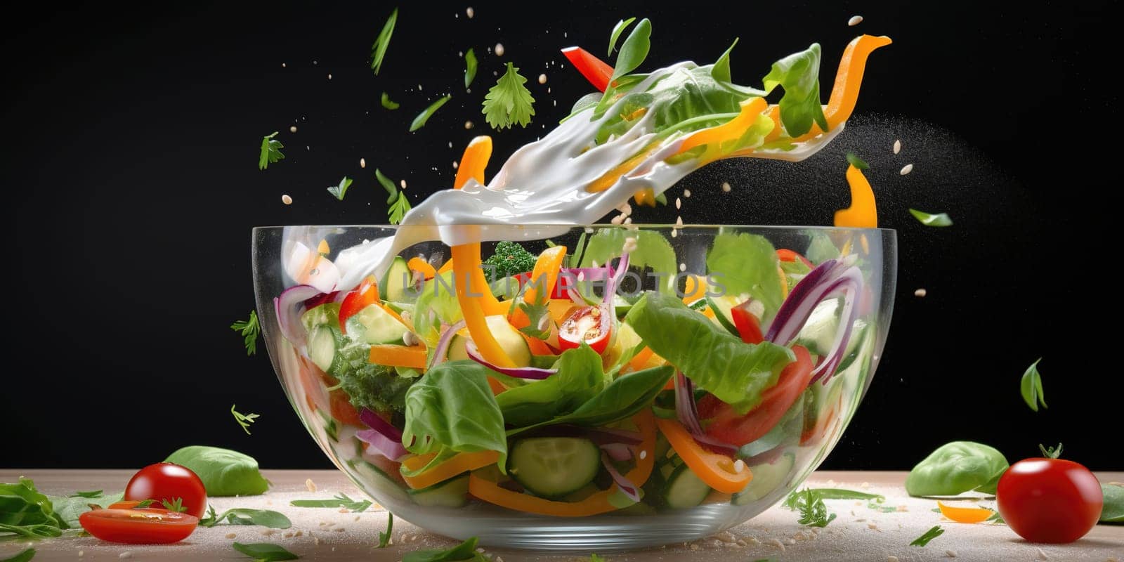 Salad falling into a glass bowl, mess on the table, black background