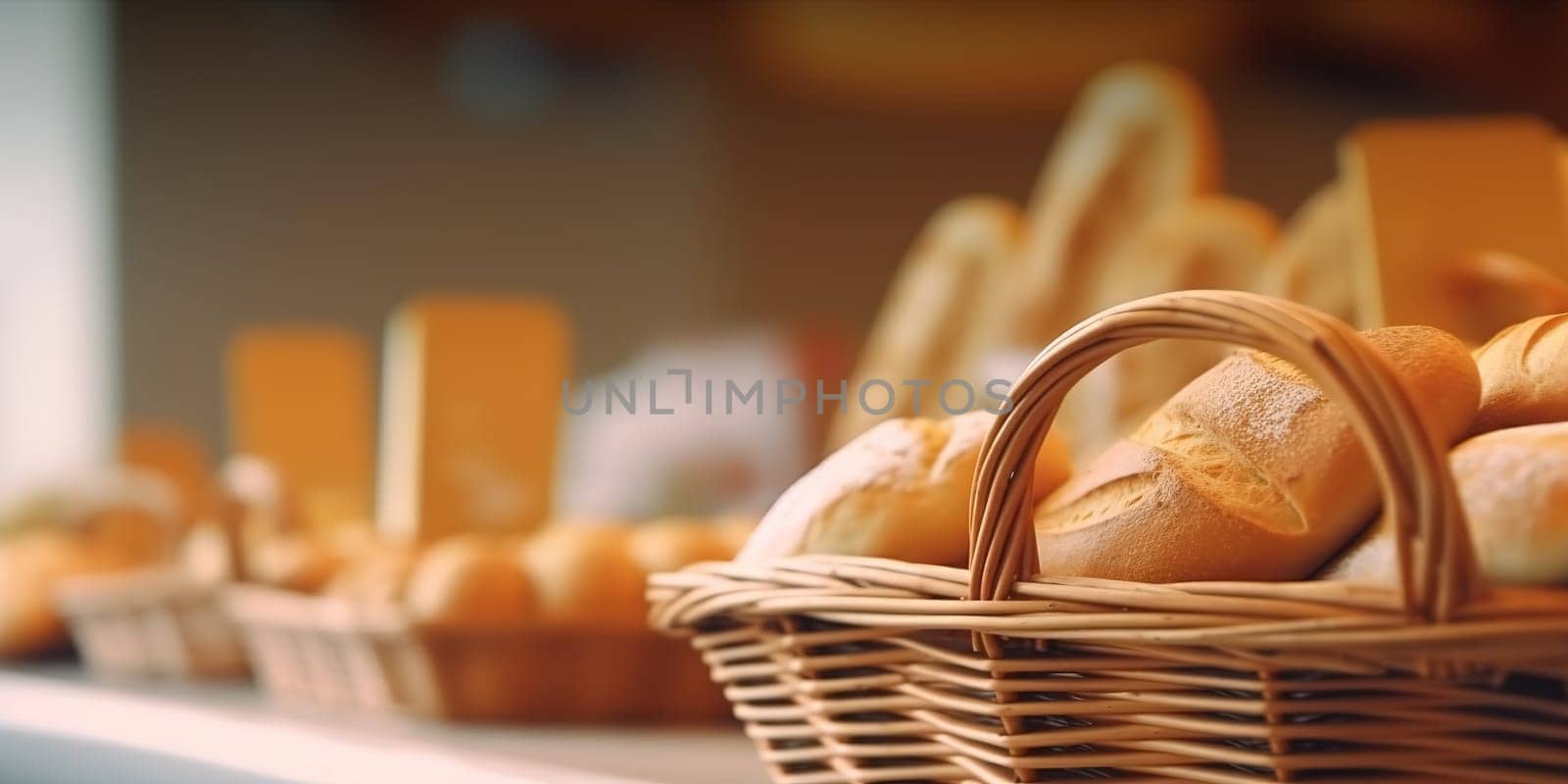 Loaves of bread in woven baskets on a blurred background, kitchen or store