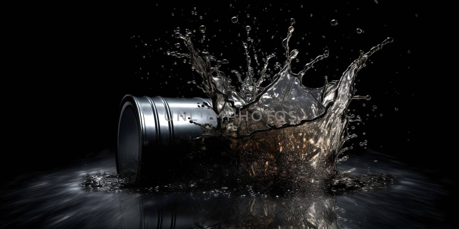 barrel of crude oil with oil splashes on a black background, generative AI