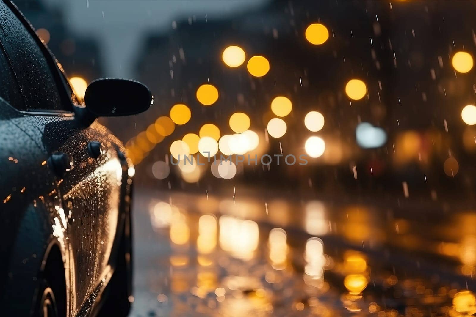 modern sport car on a rainy night Road