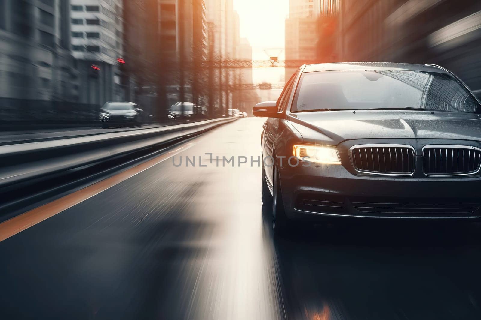 Modern car is driving by the city Road at sunset in the evening