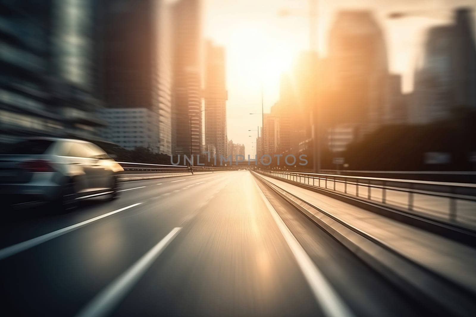 Wide asphalt highway road through the modern city center at sunset in the evening