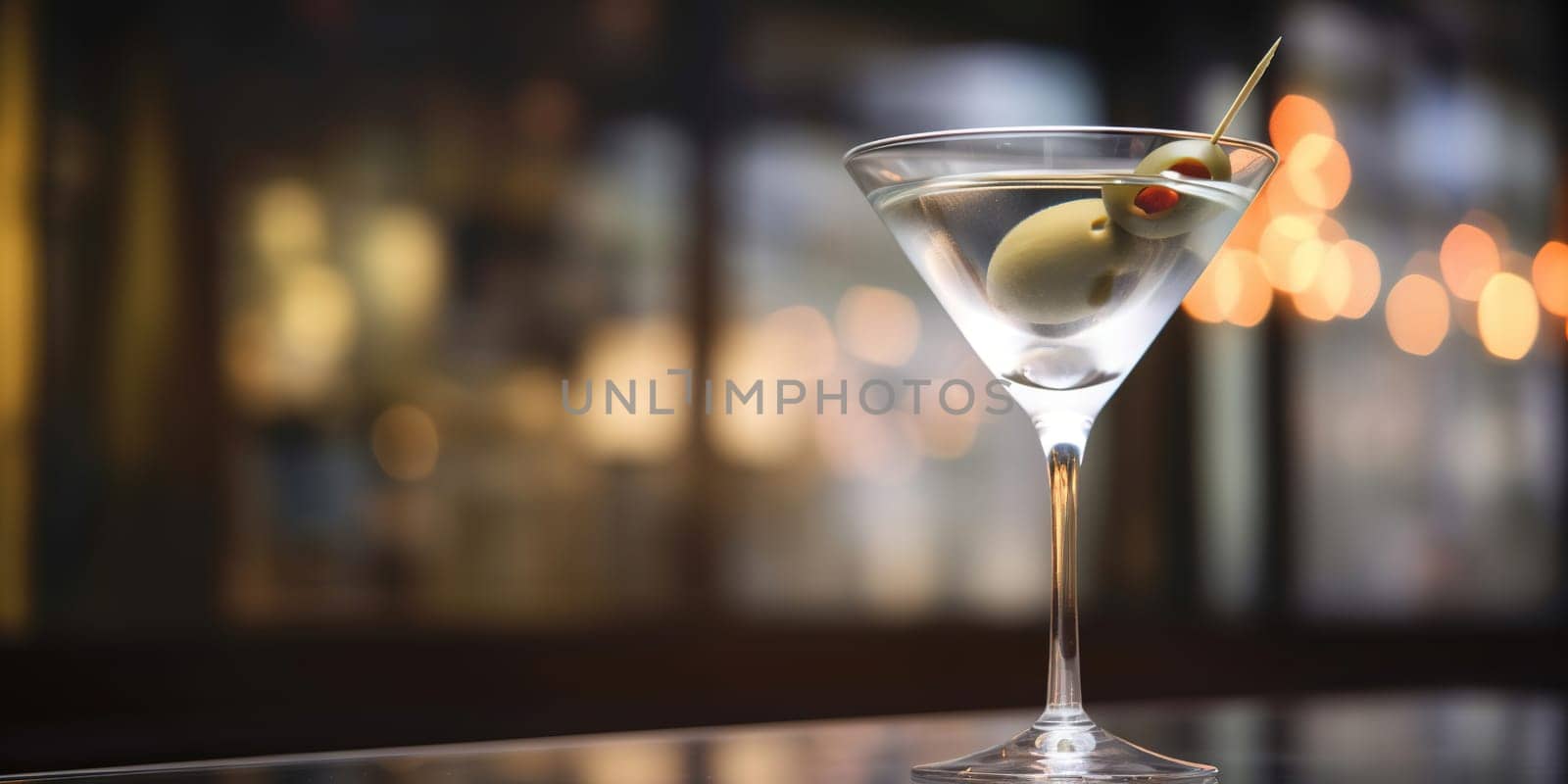 Cocktail martini with two olives in glass on a bar counter